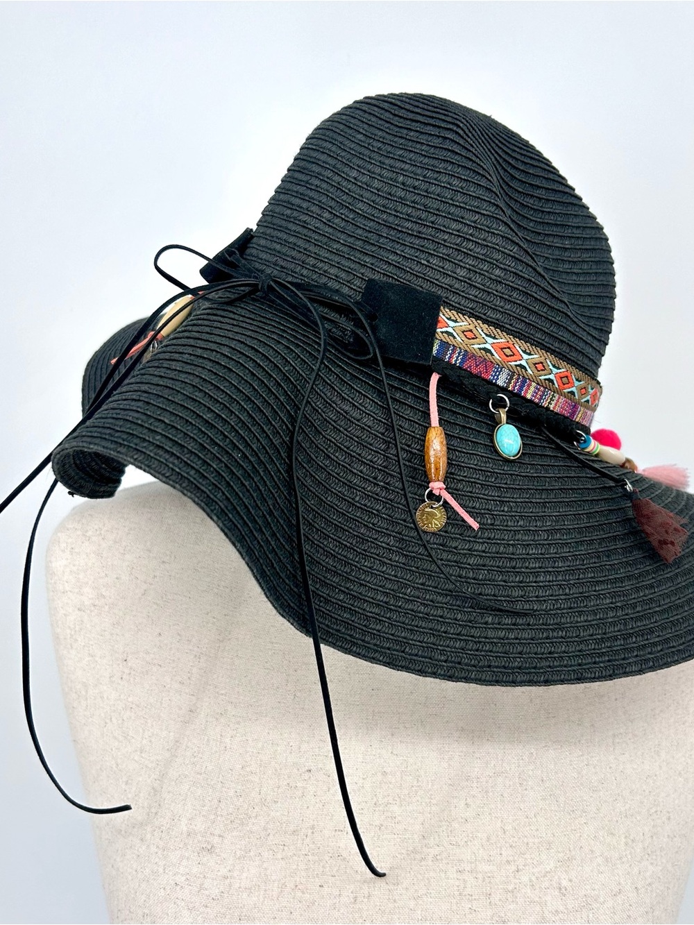 Black Boho Wide Brim Sun Hat Beaded Band Festival Western Coastal Cowgirl